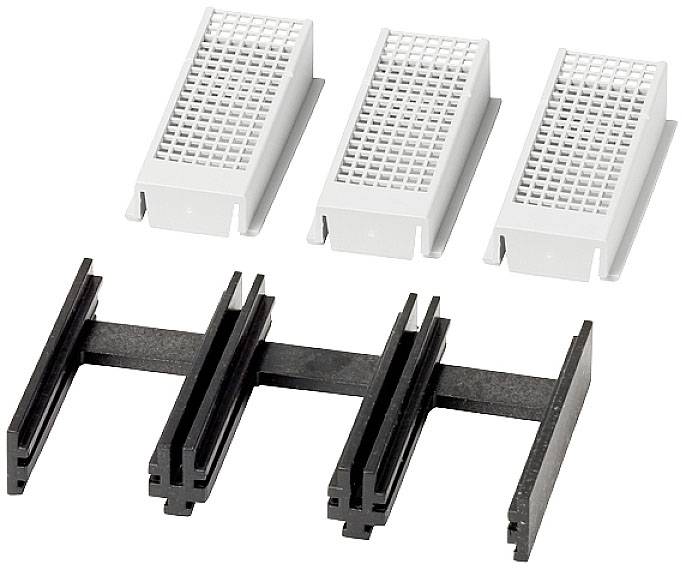 White components with a lattice structure and black mountings on a white background, presumably for technical applications.