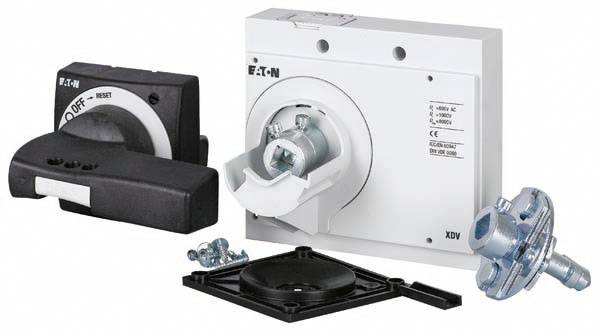 Electric power switch with accessory parts. Housing displays company logo and technical specifications. Suitable for industrial use.