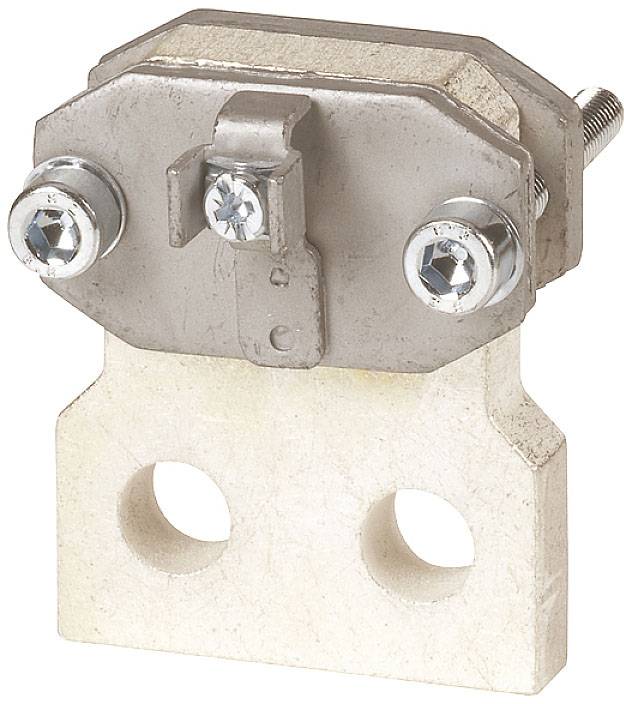 A ceramic fuse holder with two metal screws and a mounting bracket, suitable for securely holding electrical fuses.