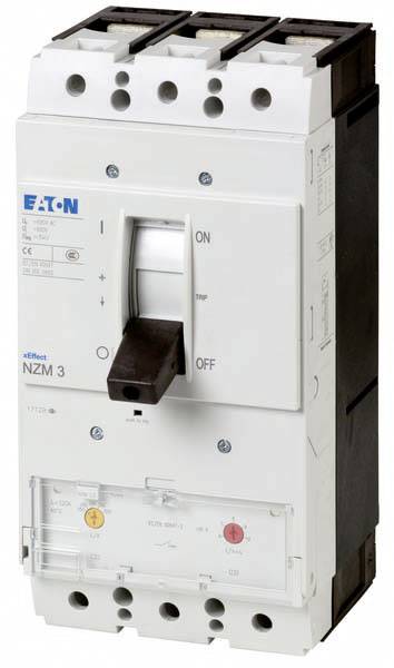An Eaton circuit breaker, model NZM3, shows 'ON' and 'OFF' markings. Switch lever visible in the central position.