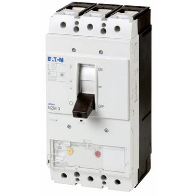 Circuit breaker 'Eaton NZM 3' with lever in 'ON' position, white housing colour, technical labelling, used for protecting electrical circuits.