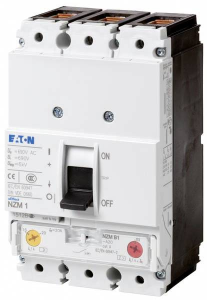 A three-phase circuit breaker by Eaton, Model NZM 1, with an on/off switch and technical labelling on the front.