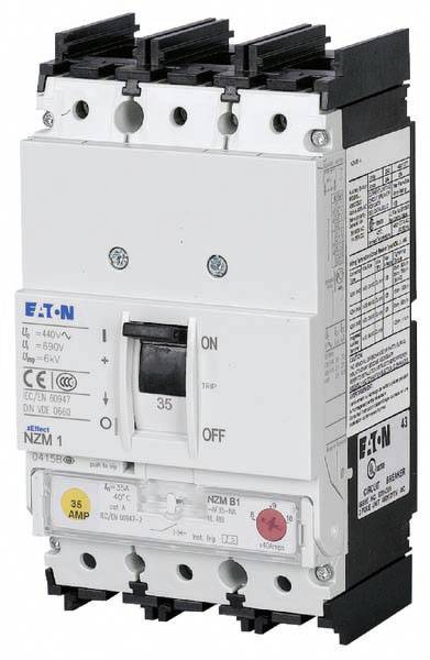 An Eaton circuit breaker with switch positions 'ON' and 'OFF'. Capacity up to 630V and 63A. Contains technical specifications.