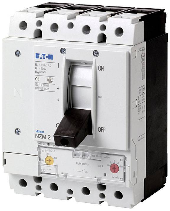 An Eaton circuit breaker, model NZM 2, with a rotary handle for control, marked with 'ON' and 'OFF', is shown.
