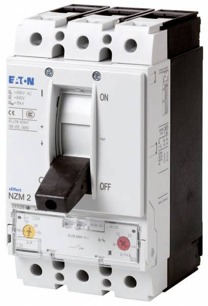 A three-pole circuit breaker by Eaton, Model NZM 2, with switch positions marked 'ON' and 'OFF', suitable for up to 690V AC.