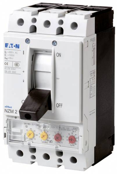 A three-pole circuit breaker with a rotary handle on the front, marked with 'ON' and 'OFF'. Brand name and technical details visible.