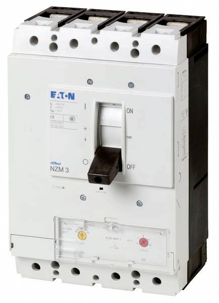A three-pole performance switch by Eaton, model NZM3, with a lever for operation and indication of on/off status.