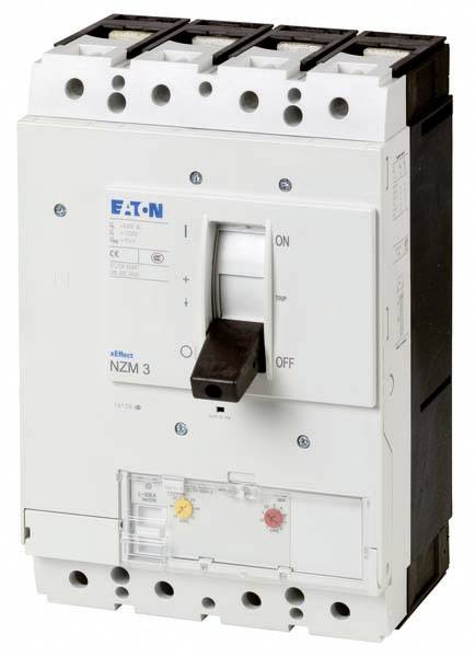 An Eaton circuit breaker with 'ON' and 'OFF' labelling. It has a white casing and a black switch in the centre.