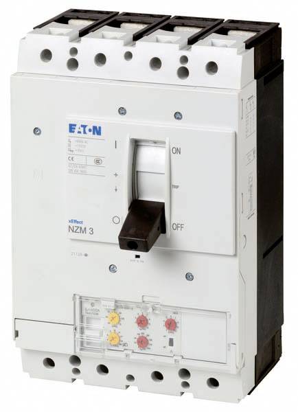 An Eaton electrical circuit breaker, Model NZM 3, with a lever for switching on and off and coloured indicator lights.