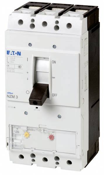 A three-pole performance switch by Eaton with switch in the middle position, yellow test button and red indicator at the bottom.
