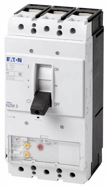 Eaton circuit breaker with a lever for switching on and off, model 'NZM 3', in a white housing.