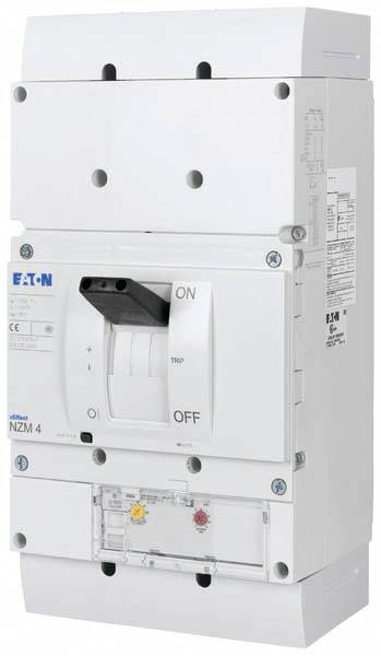 Eaton circuit-breaker, model 'NZM 4', shows the switch lever in the 'ON' position.