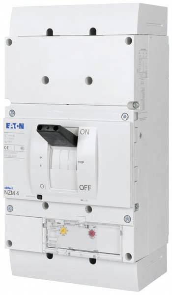 A white performance circuit breaker marked 'ON' and 'OFF', manufactured by Eaton, Model NZM 4, displays operating controls and connections.