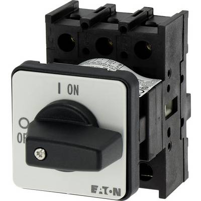 A black rotary switch with labels 'I ON' and 'O OFF', mounted on an Eaton electrical connection plate.