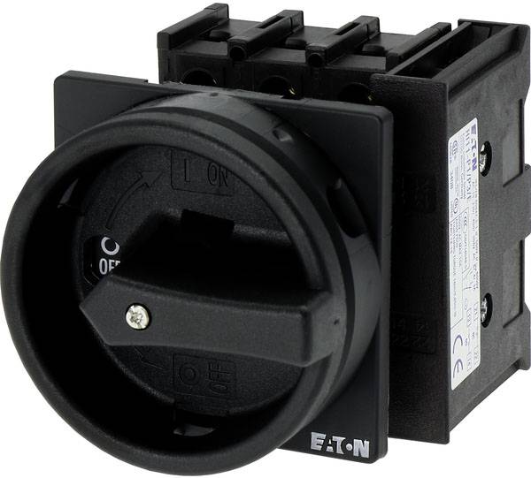 Rotary switch in profile with on/off positions. Housing in black. Side view shows electrical connection options.