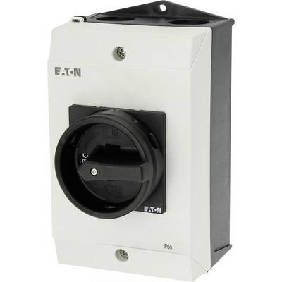 Industrial switch in an IP65-protected enclosure. Marked with 'Eaton'. Black rotary handle at the front, housing is light grey.