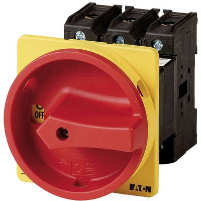 'A red main switch with a yellow frame by Eaton, indicating the "OFF" setting.'
