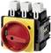 Rotary switch, triple, with red handle on yellow background, for switching electrical devices on and off.<br><br>Corrected to British English:<br>Rotary switch, triple, with red handle on yellow background, for switching electrical equipment on and off.