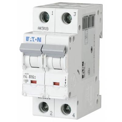 Two-pole circuit breaker by Eaton. Model No. PXL-B16/2, suitable for protecting electrical circuits.
