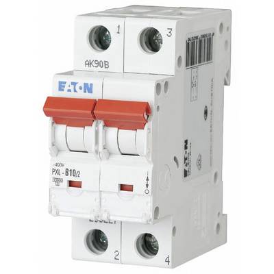 A white Eaton performance circuit breaker with two red toggle switches and technical specifications on the front.