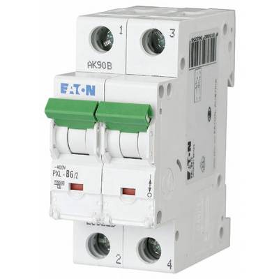 A two-pole circuit breaker by Eaton, model PXL-B6/2, with green switching buttons, used to prevent overloading.