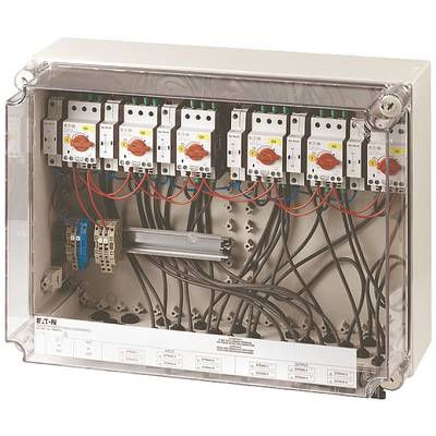 Transparent control box with multiple toggle switches and red buttons, connected by wire bundles. Shows electrical wiring.