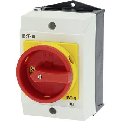 A main switch with a red rotary handle on a white housing, suitable for industrial applications. Labelled with 'Eaton' and protection rating 'IP65'.