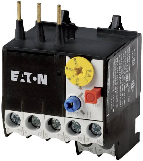 Eaton electric overload relay with connections and adjustable rotary knob for controlling electrical currents.