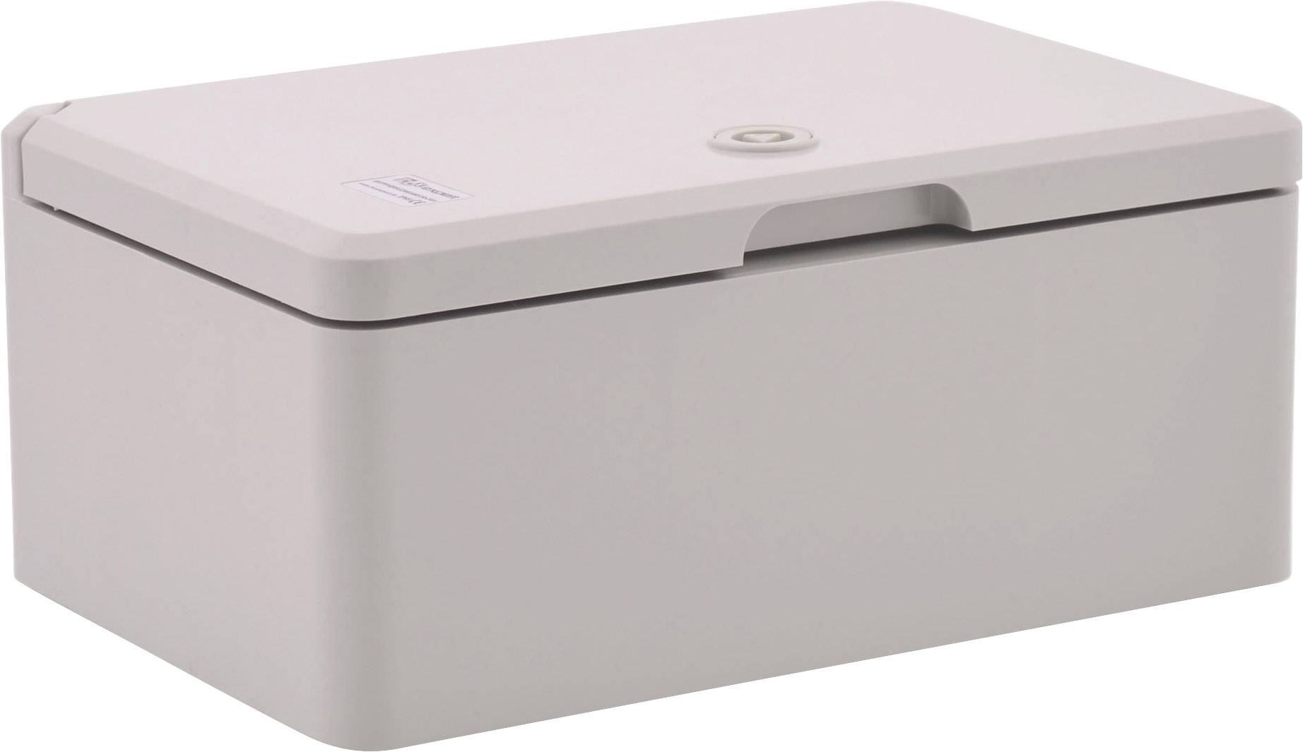 White rectangular plastic box with rounded corners and a lid, suitable for storing small items.