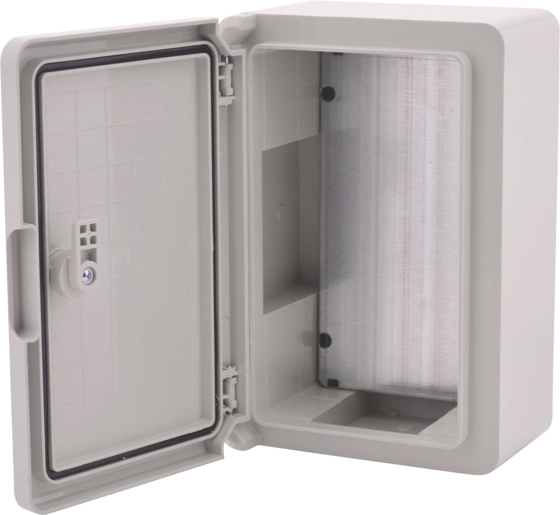 Plastic enclosure with an open door and locking system. Suitable for housing electronic components.