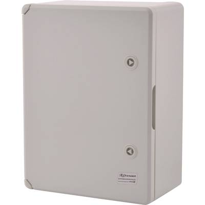 A grey electrical enclosure with two locking points and a label at the bottom indicating the manufacturer.