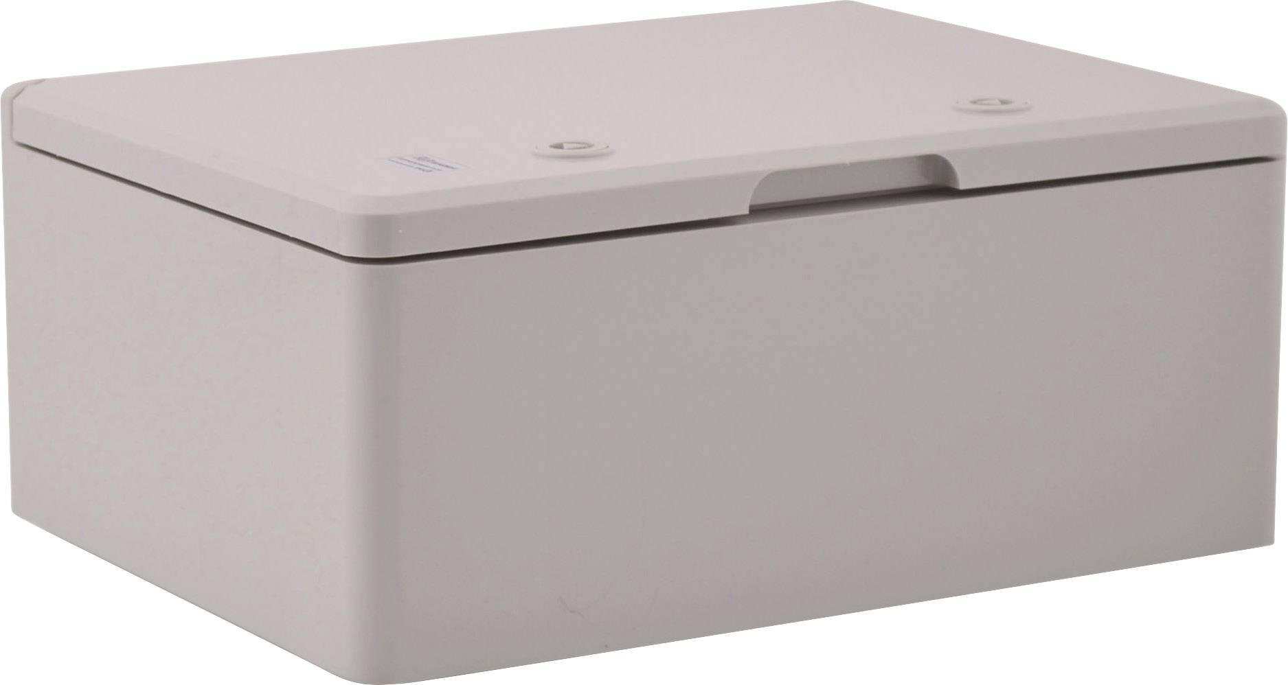 Rectangular, grey control box with a smooth surface and two mounting screws on the lid.