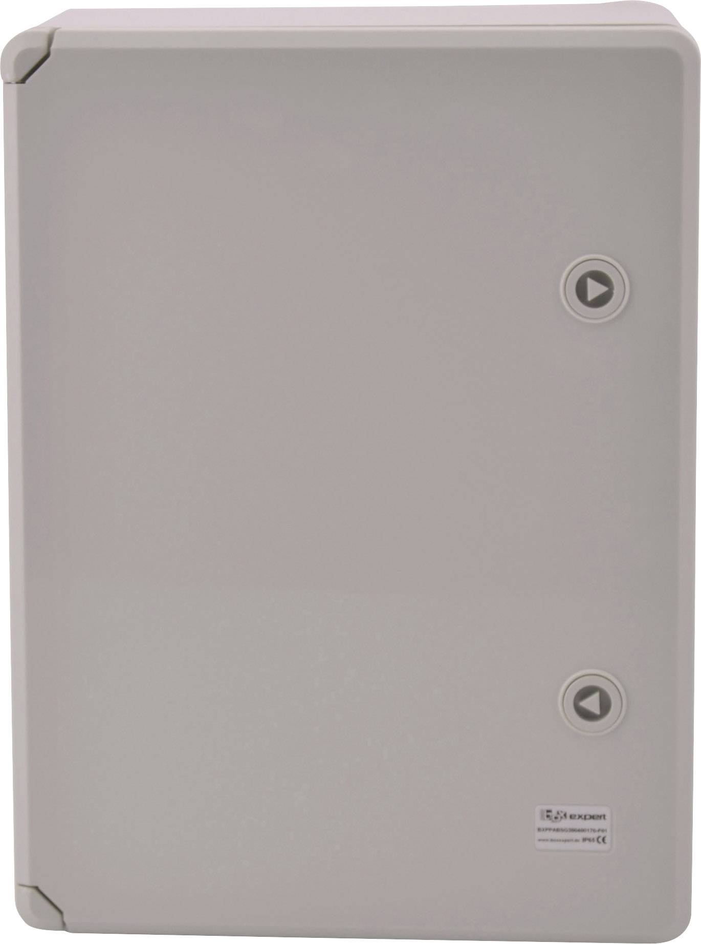 Grey wall panel with two round buttons, one at the top and one at the bottom. Sticker in the bottom right shows manufacturer information.