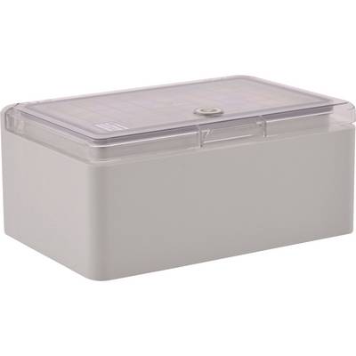 A grey plastic box with a transparent lid and snap closure. Suitable for securely storing small items.