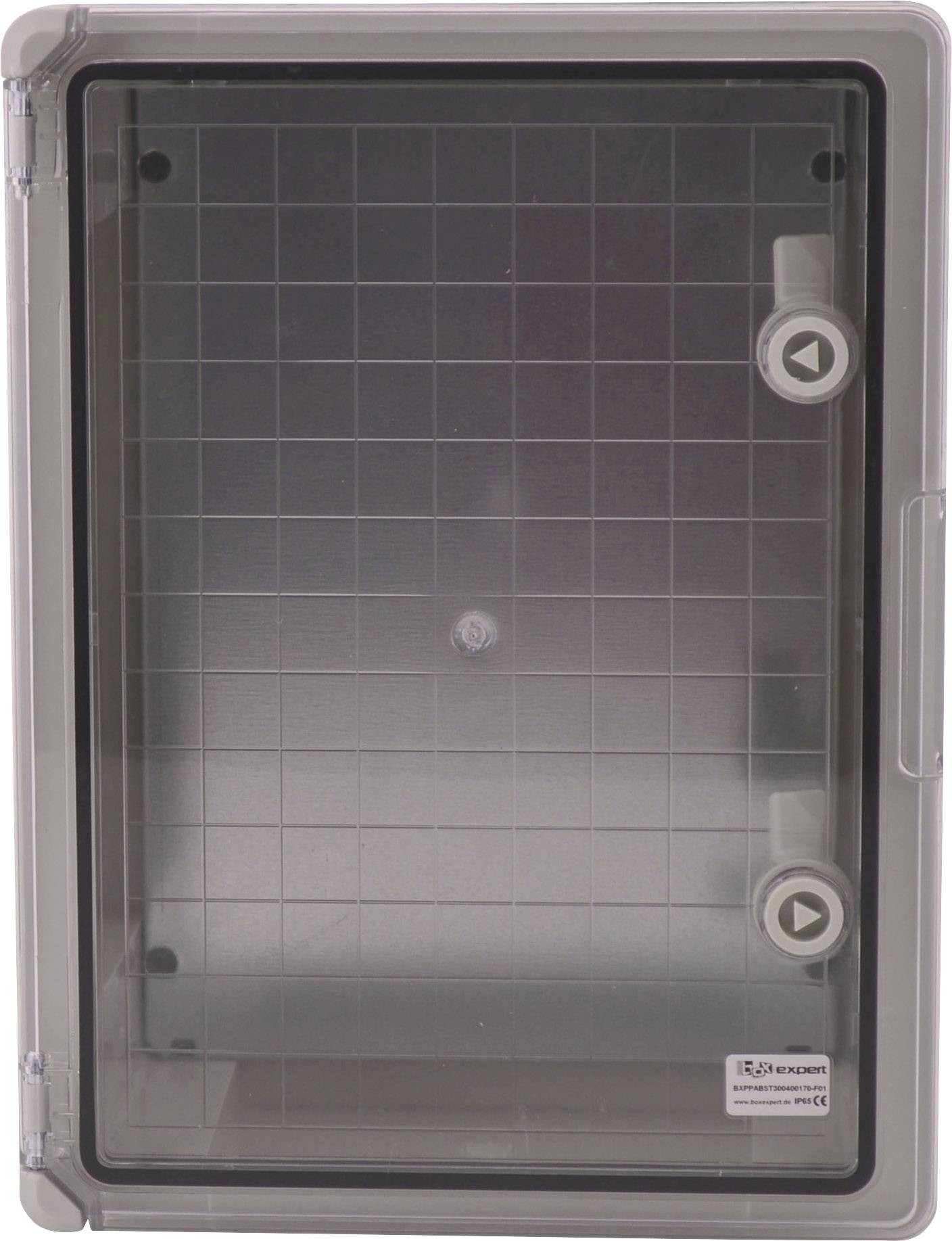 A transparent grey electrical box with a closed lid, with two arrow buttons on the front.