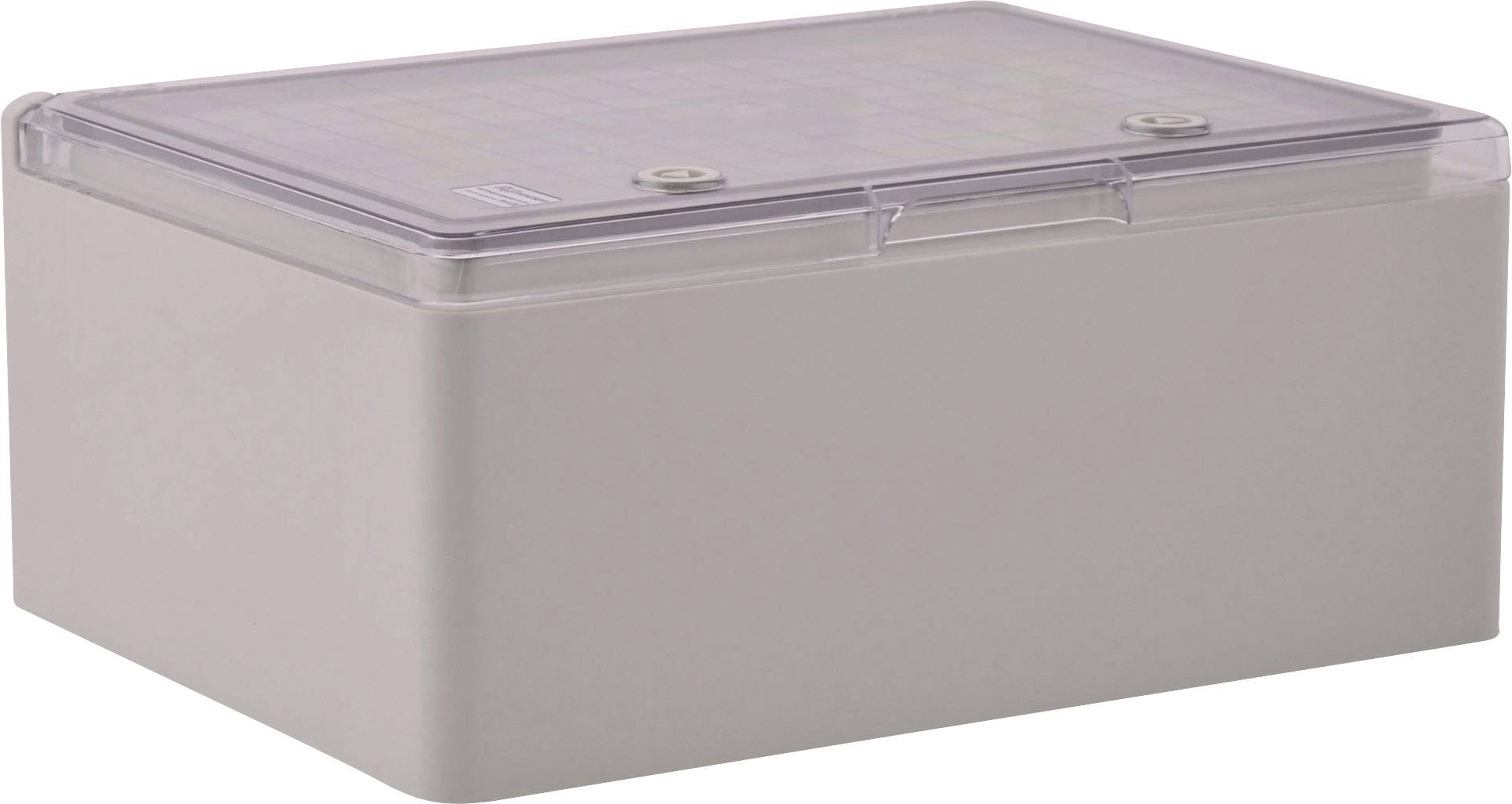 A rectangular, grey plastic enclosure with a transparent lid, showing a neutral, simple construction.