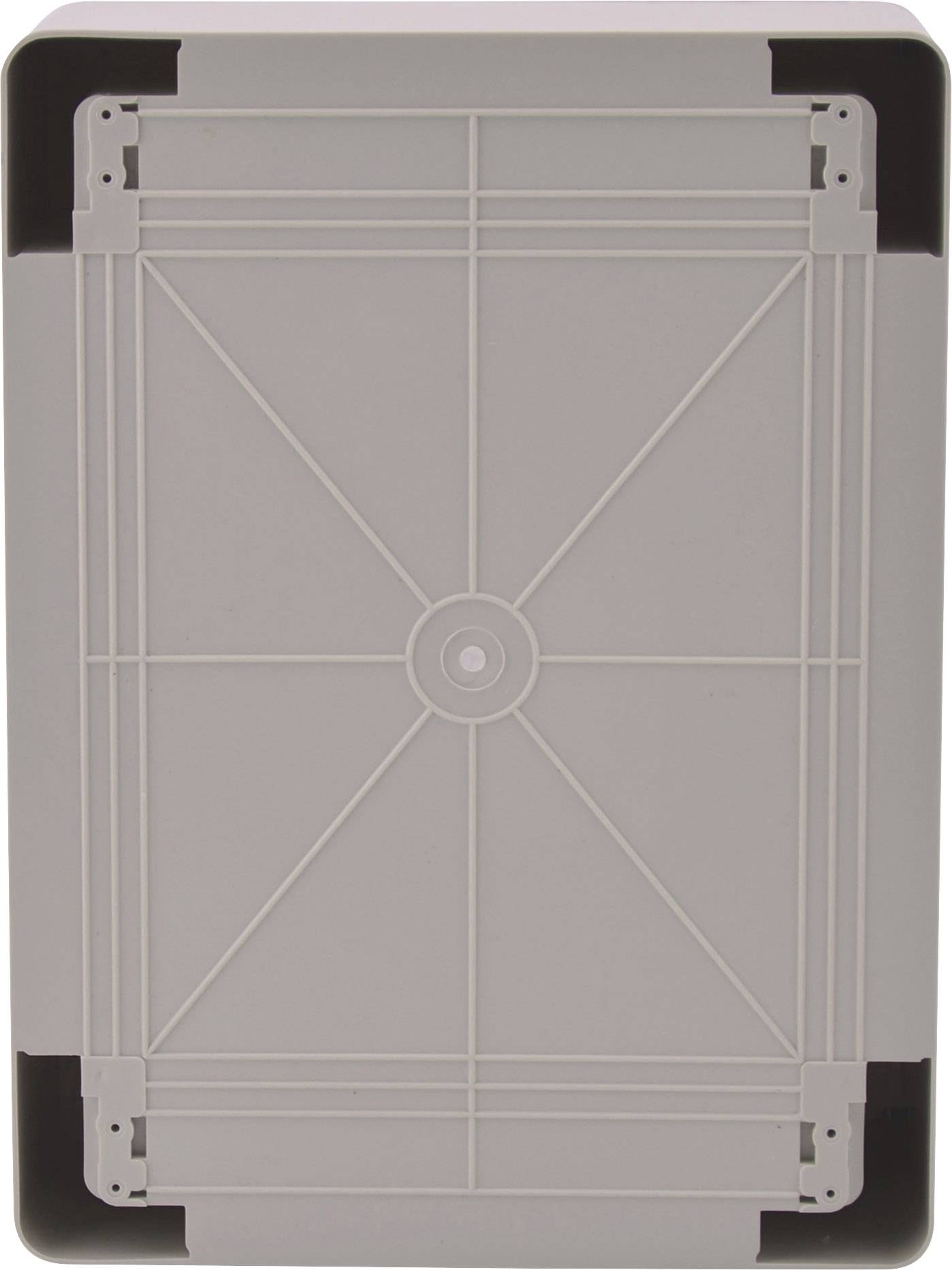 A grey plastic lid with a textured pattern and black corners.