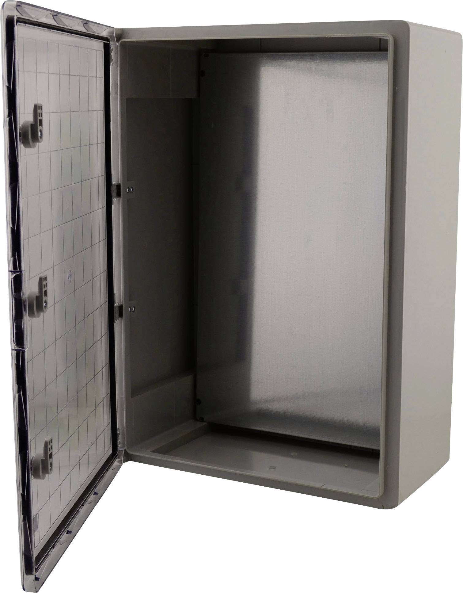 An empty, open grey electrical distribution cabinet with a transparent door window and visible hinge on the left side.