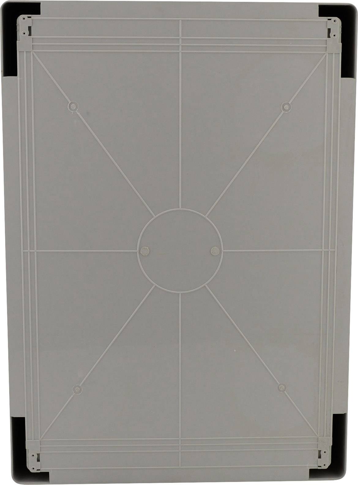 Rectangular grey plastic plate with a textured design and black corners.