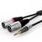 'An audio cable with a 3.5mm jack plug and two XLR connectors, red and white, on a white background.'