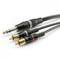 'Three audio cables: 6.35 mm jack plug and two RCA plugs in black with gold-plated tips. Connect audio sources for stereo sound.'