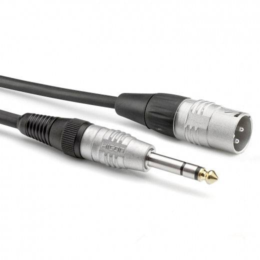 Audio cable with XLR connector on the left and 6.35mm jack plug on the right on a white background, suitable for music system connections.