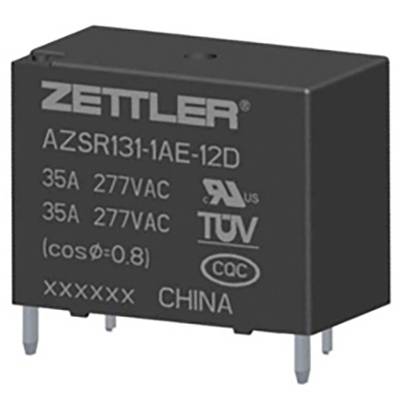 'Black relay with ZETTLER inscription, model AZSR131-1AE-12D, 35A, 277VAC, TÜV-certified, manufactured in China.'