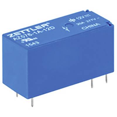 Blue relay with the inscription 'Zettler AZ576-1A-12D', '10A 277V', and 'China', displaying electrical specifications and country of origin.