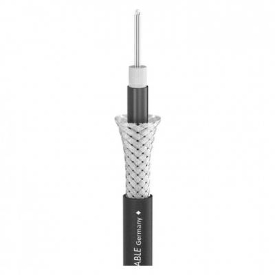 Cross-section of a coaxial cable: Inner metal conductor, foam insulation, braided metal shielding, and outer black jacket.