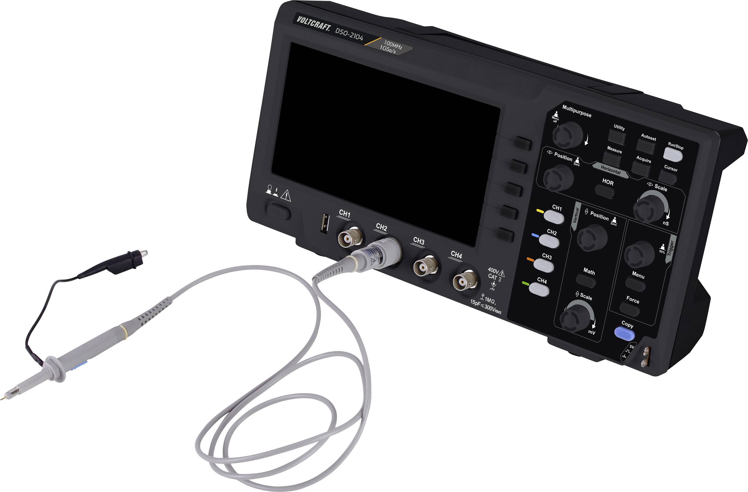 Electronic oscilloscope with digital display and control buttons. Measurement probe with cable is connected. Device for signal monitoring.