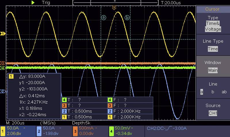'Oscilloscope screen shows multiple signal waveforms with differential measurements in the time domain and voltage values.'