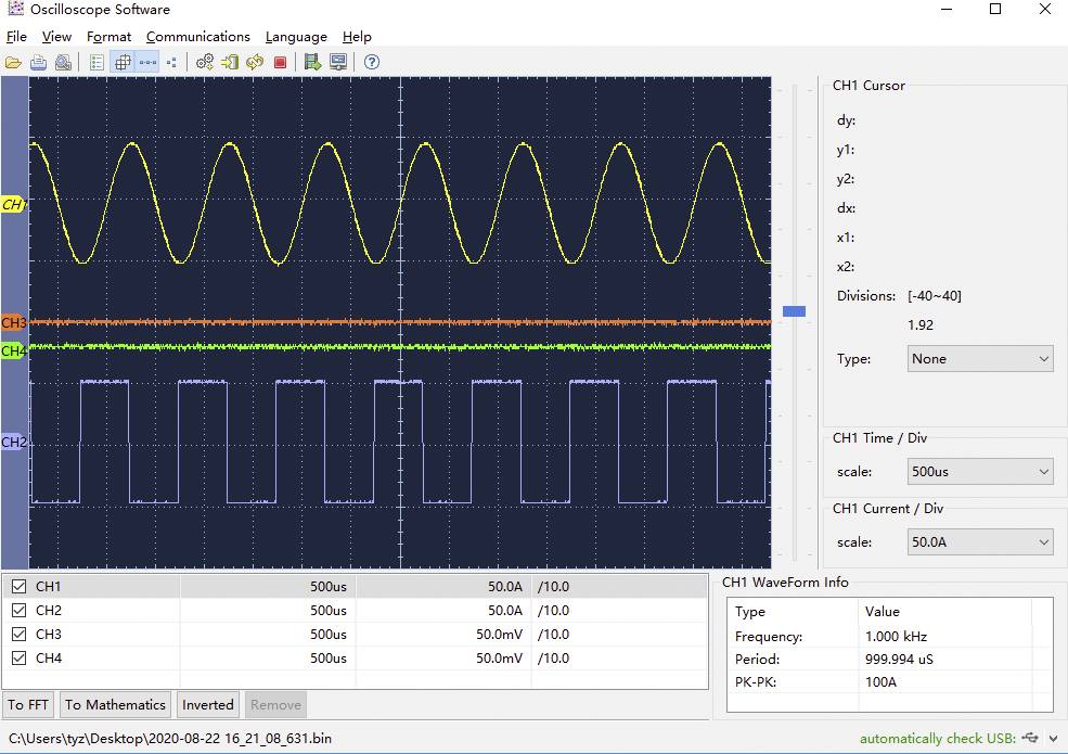 'Oscilloscope software display with three waveforms: Yellow sine wave, green constant line, blue square wave. Measurement values on the right.'