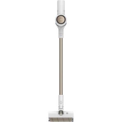 A cordless stick vacuum cleaner in white and gold. The vacuum cleaner has a sleek design and a modern aesthetic.