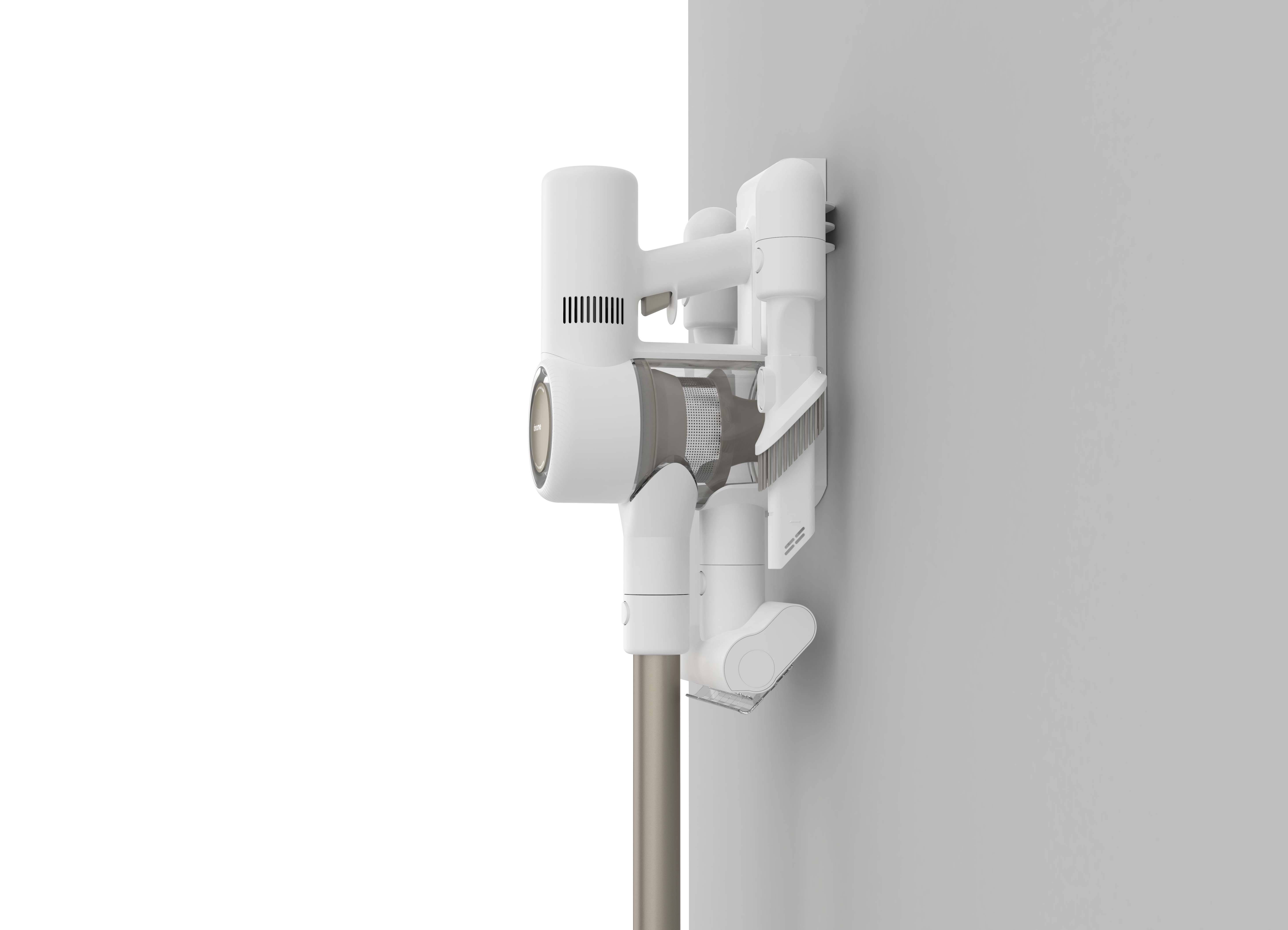 A white, cordless handheld vacuum cleaner is mounted on a wall bracket. The design is modern and minimalist.